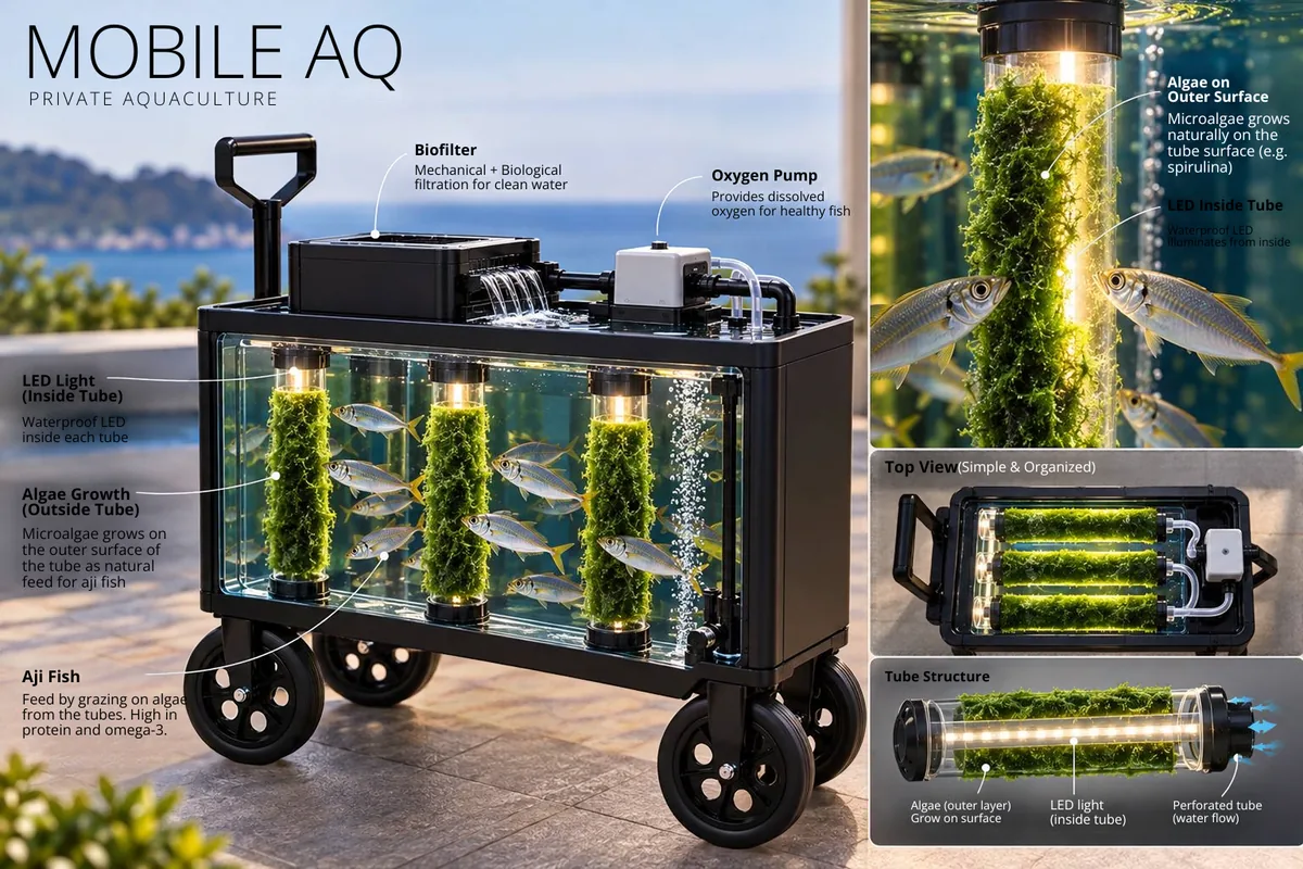 Diagram of MOBILE&nbsp;AQ: waterproof LEDs inside each tube, microalgae growing on the outside, with a biofilter and oxygen pump on top