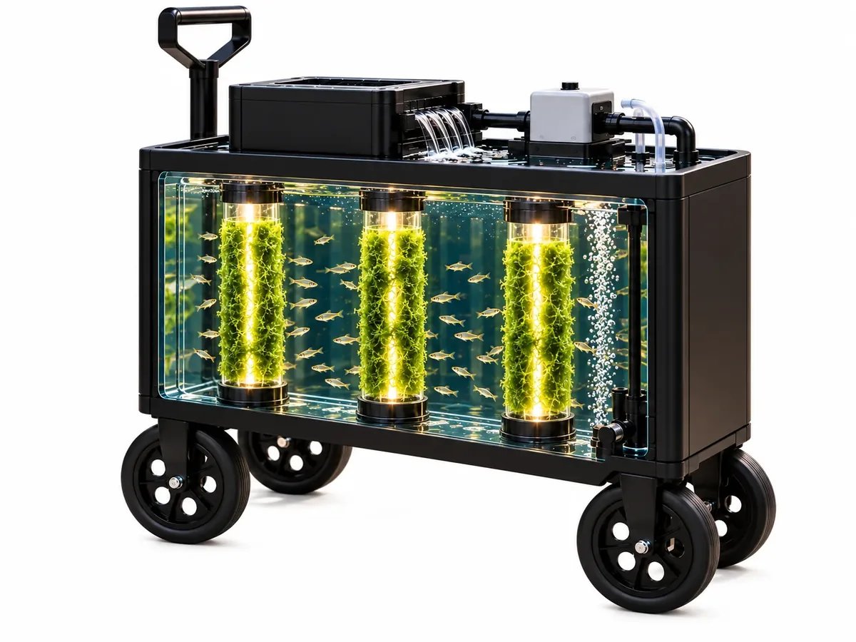 MOBILE&nbsp;AQ, a home aquaculture unit on castors. Three lit culture tubes stand inside the tank and small fish swim around them